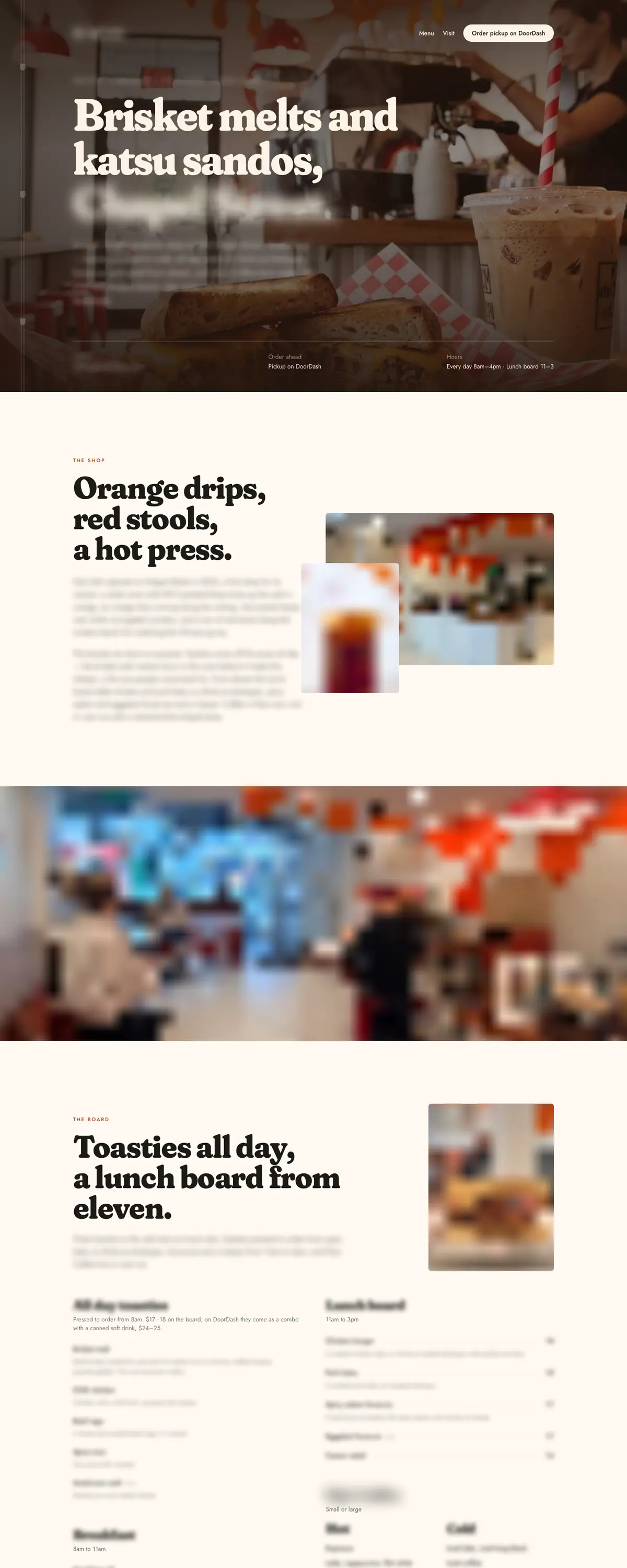 A sandwich shop's one-page website on a desktop screen: an opening film, the story of the shop, a photo band and the menu. Names, menu and photos are blurred.