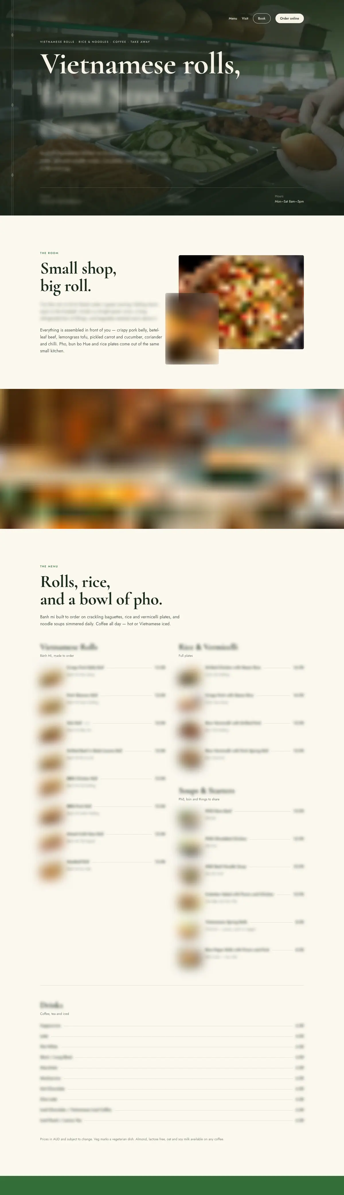 A Vietnamese eatery's website on a desktop screen, scrolled to its menu: every dish has its own photo beside the name and price. Names, menu and photos are blurred.