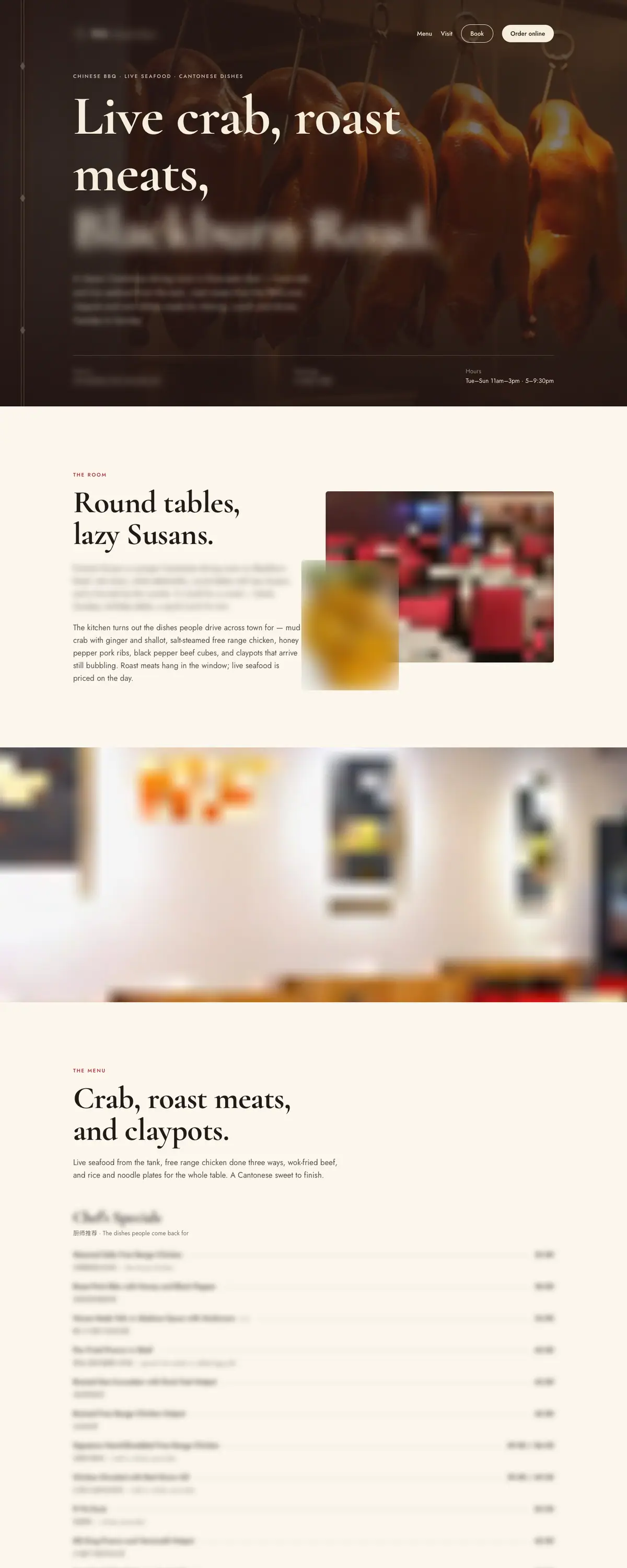 A Cantonese restaurant website on a desktop screen: opening film, dining room section, photo band and a long menu. Names, menu and photos are blurred.