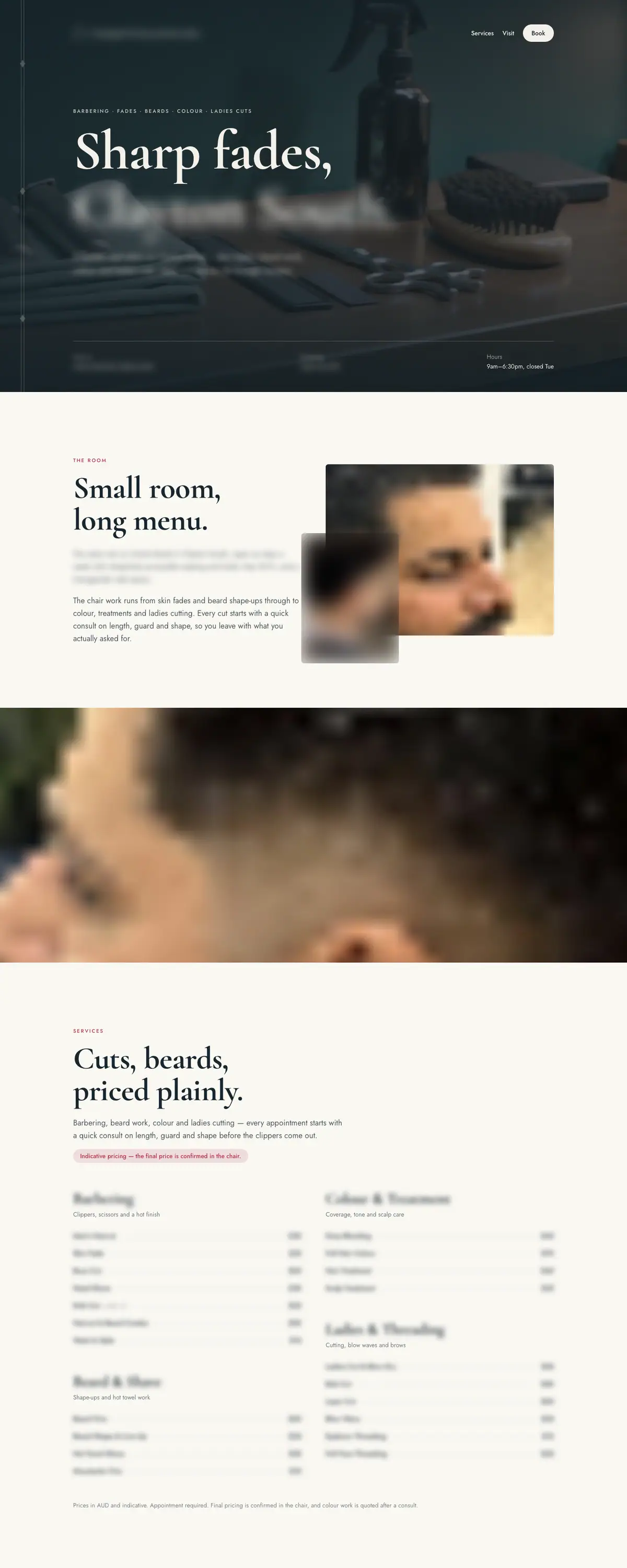 A hair salon website on a desktop screen: opening film, the room, a photo band and a priced list of services. Names, prices and photos are blurred.