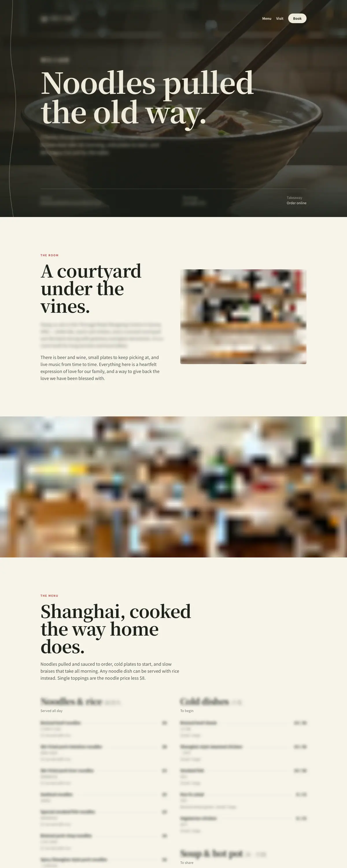 A noodle restaurant website on a desktop screen: opening film, courtyard section, photo band and menu. Names, menu and photos are blurred.