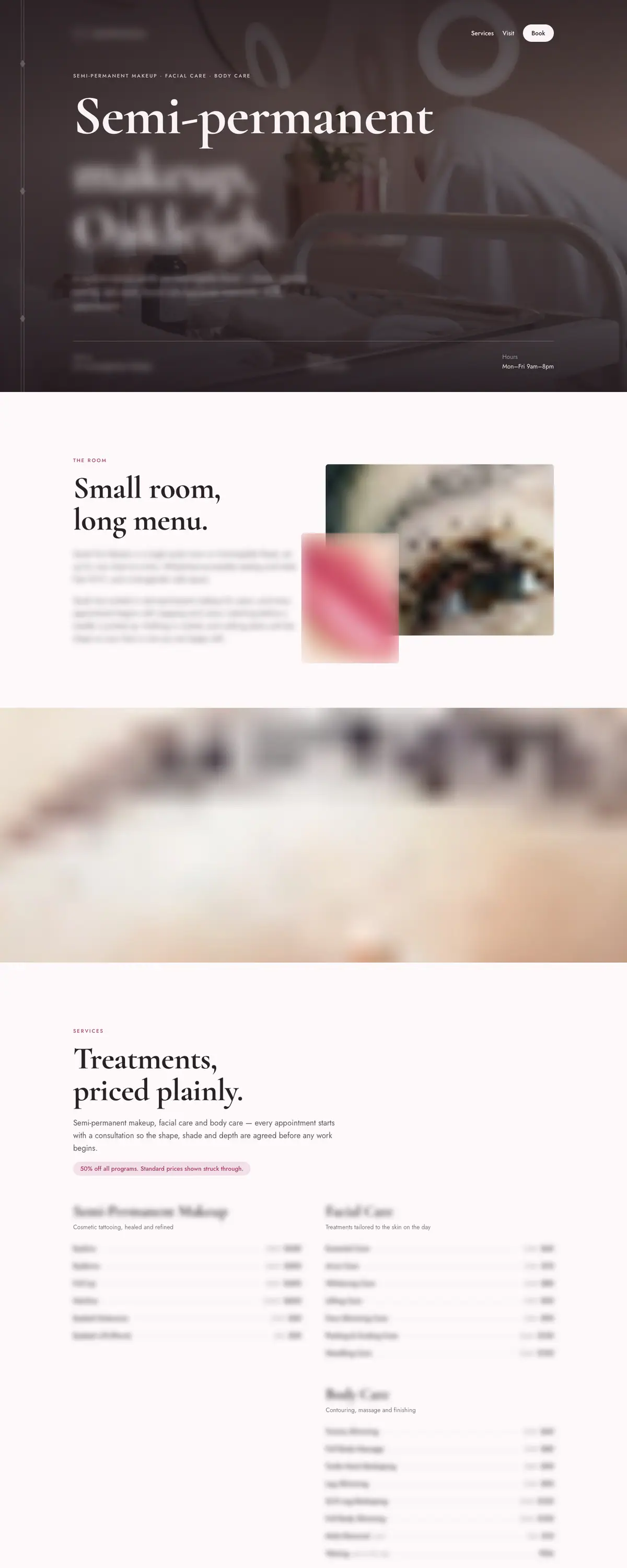 A beauty salon website on a desktop screen: opening film, the room, a photo band and a priced list of treatments. Names, prices and photos are blurred.