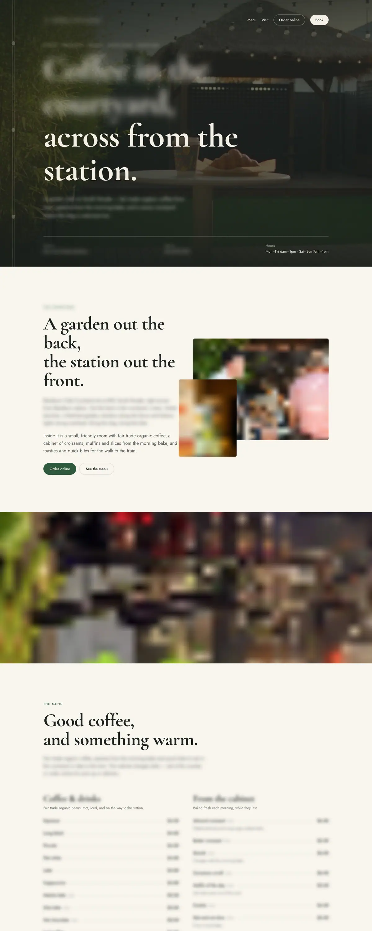 A cafe website on a desktop screen: opening film, garden section, photo band and a menu with online ordering and table requests. Names, menu and photos are blurred.